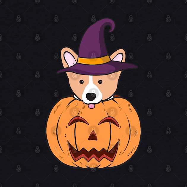 Halloween Cute Corgi With Witch Hat Stuck In A Pumpkin Head. by Candaria